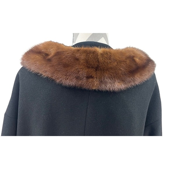 VTG Black Wool A-Line Swing Coat Scalloped Mink Collar Raglan Sleeves Jackie O - Picture 7 of 16